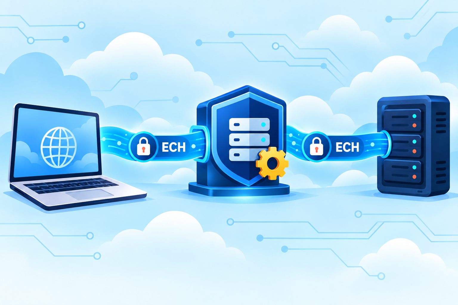 A browser and origin use two separately protected ECH connections that meet at a policy-controlled Web Gateway