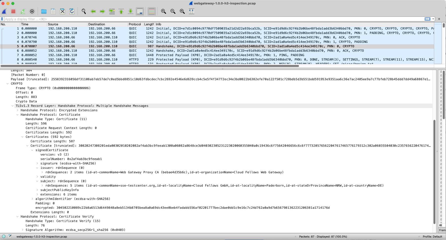 Wireshark certificate details showing sse-testcenter.org issued by the Cloud Fellows Web Gateway Proxy CA