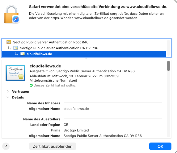 Safari certificate details for the former Cloud Fellows DV certificate showing only the domain name and no organization