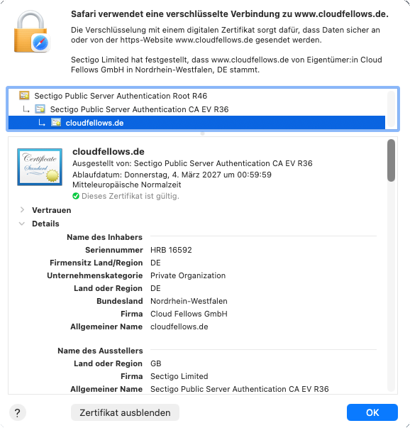 Safari certificate details showing Cloud Fellows GmbH and its registration information