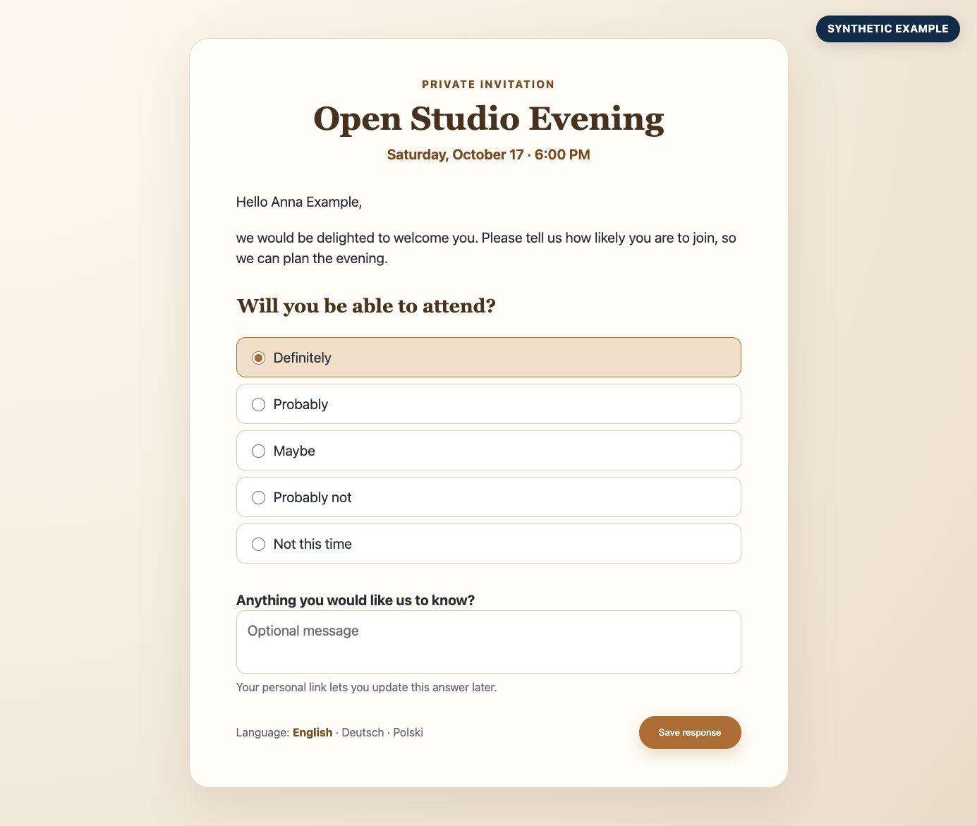 Synthetic example of a personalized multilingual response form for a private event